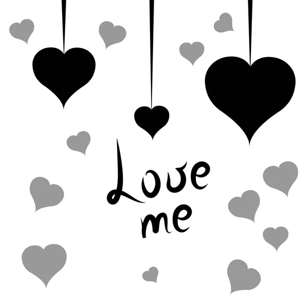 Liebe mich Postkarte mit schwarzen Herzen. Valentinstag. weißer Hintergrund. Vektorillustration — Stockvektor
