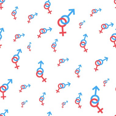 Seamless modeli. Kadın ve erkek romantik koleksiyonu. Küçük kadın ve erkek farklı boyutlarda imzalar. Cinsiyet simgeleri. Vektör çizim