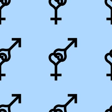 Seamless modeli. Kadın ve erkek romantik koleksiyonu. Kadın ve erkek siyah kalp işaretleri. Mavi arka plan desen. Vektör çizim