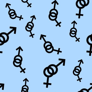 Kadın ve erkek romantik koleksiyonunun seamless modeli. Kadın ve erkek siyah farklı boyutlarda imzalar. Mavi arka plan desen. Vektör çizim