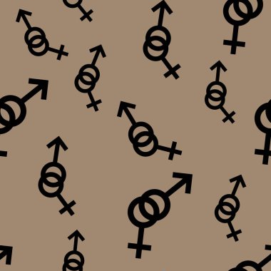 Kadın ve erkek romantik koleksiyonunun seamless modeli. Kadın ve erkek siyah farklı boyutlarda imzalar. Kahverengi zemin desen. Vektör çizim