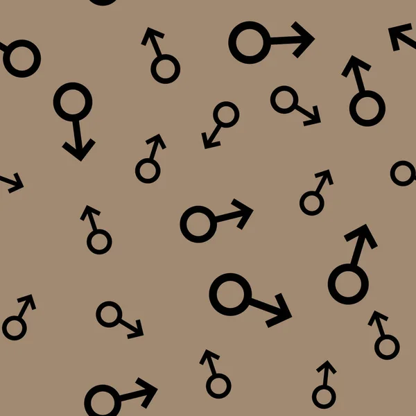 Бесшовный рисунок с черными мужскими символами. Мужчина небольшие знаки разных размеров. Шаблон на коричневом фоне. Векторная иллюстрация — стоковый вектор