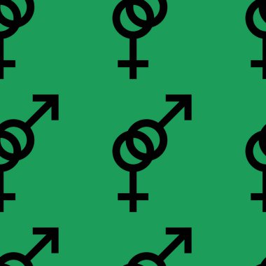 Kadın ve erkek romantik koleksiyonunun seamless modeli. Kadın ve erkek siyah işaretler. Yeşil arka plan desen. Vektör çizim