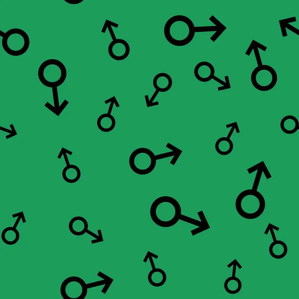 Бесшовный рисунок с черными мужскими символами. Мужчина небольшие знаки разных размеров. Пластырь на зеленом фоне. Векторная иллюстрация — стоковый вектор