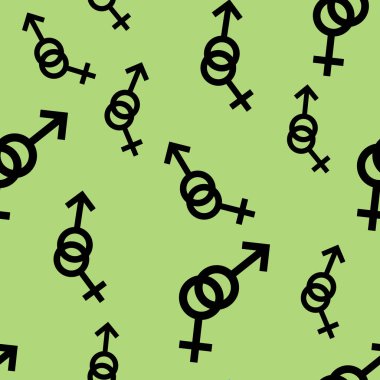 Kadın ve erkek romantik koleksiyonunun seamless modeli. Kadın ve erkek siyah farklı boyutlarda imzalar. Açık yeşil renkli desen. Vektör çizim