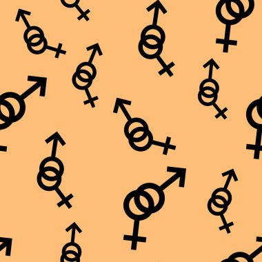 Kadın ve erkek romantik koleksiyonunun seamless modeli. Kadın ve erkek siyah farklı boyutlarda imzalar. Turuncu arka plan desen. Vektör çizim
