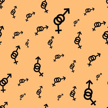 Kadın ve erkek romantik koleksiyonunun seamless modeli. Kadın ve erkek siyah küçük farklı boyutlarda imzalar. Turuncu arka plan desen. Vektör çizim