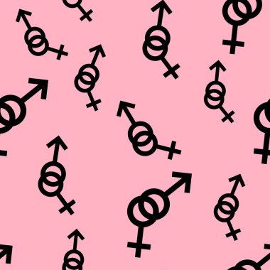 Kadın ve erkek romantik koleksiyonunun seamless modeli. Kadın ve erkek siyah farklı boyutlarda imzalar. Pembe arka plan desen. Vektör çizim