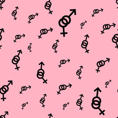 Kadın ve erkek romantik koleksiyonunun seamless modeli. Kadın ve erkek siyah küçük farklı boyutlarda imzalar. Pembe arka plan desen. Vektör çizim