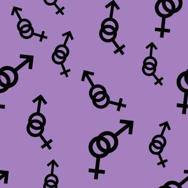 Kadın ve erkek romantik koleksiyonunun seamless modeli. Kadın ve erkek siyah farklı boyutlarda imzalar. Mor arka plan desen. Vektör çizim