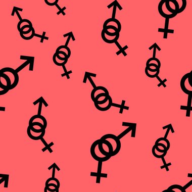 Kadın ve erkek romantik koleksiyonunun seamless modeli. Kadın ve erkek siyah farklı boyutlarda imzalar. Kırmızı arka plan desen. Vektör çizim