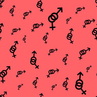 Kadın ve erkek romantik koleksiyonunun seamless modeli. Kadın ve erkek siyah küçük farklı boyutlarda imzalar. Kırmızı arka plan desen. Vektör çizim