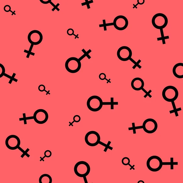 Wzór czarny kobiece symbole. Kobieta Małe znaki różnych rozmiarach. Wzór na czerwonym tle. Ilustracja wektorowa — Wektor stockowy