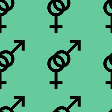 Kadın ve erkek romantik koleksiyonunun seamless modeli. Kadın ve erkek siyah işaretler. Turkuaz arka plan desen. Vektör çizim