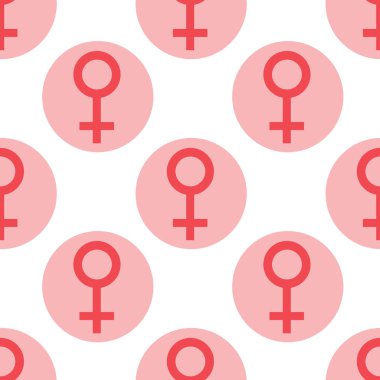Seamless modeli. Seks sembolleri. Cinsiyeti kadın düz sembolleri. Pembe daire içindeki kırmızı kadın soyut simgeler. Vektör çizim