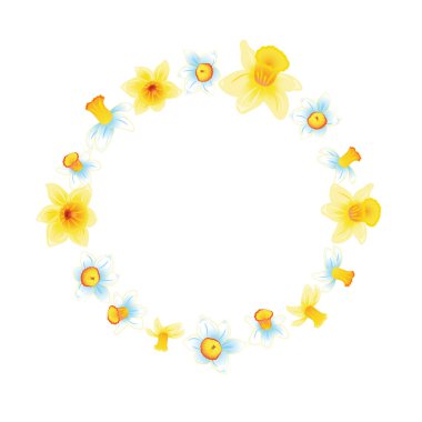 Taze bahar arka plan küçük sarı ve mavi nergis ile. Beyaz arka plan. Vektör çizim