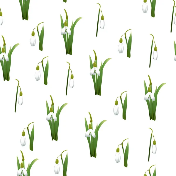 Nahtloses Muster mit vielen Schneeglöckchen Blüten mit grünen Stielen und Blättern gleicher Größe. weißer Hintergrund. Vektorillustration — Stockvektor