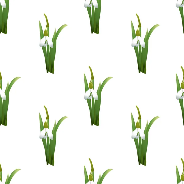 Patrón sin costuras con flores de gotas de nieve con tallos verdes y hojas del mismo tamaño. Fondo blanco. Ilustración vectorial — Vector de stock