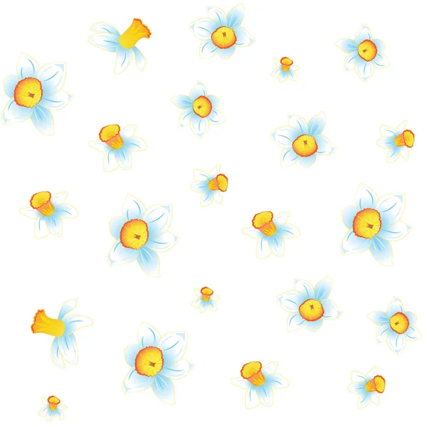 Patroon van gele en witte narcissen verschillende maten, bloemen op witte achtergrond. Narcissus bloemen. Vectorillustratie — Stockvector