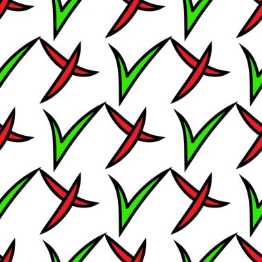 Dikişsiz desen onay işareti simgeleri beyaz arka plan üzerinde basit. Kızıl Haç ve siyah kontur ile yeşil kene. Vektör çizim