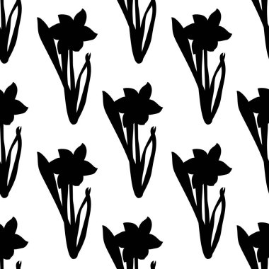 Seamless modeli. Siyah nergis çiçekleri ile aynı boyutlarda beyaz izole çimen. Vektör çizim