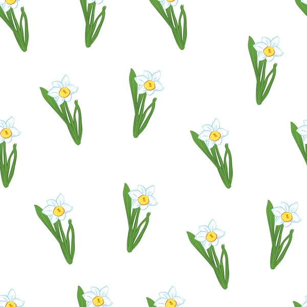Seamless pattern. Green grass with small blue narcissus flowers isolated on white. Vector illustration — Stock Vector