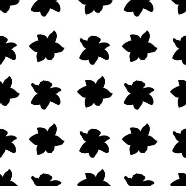 Seamless modeli. Aynı boyutları üzerinde beyaz izole nergis çiçekleri siyah. Vektör çizim