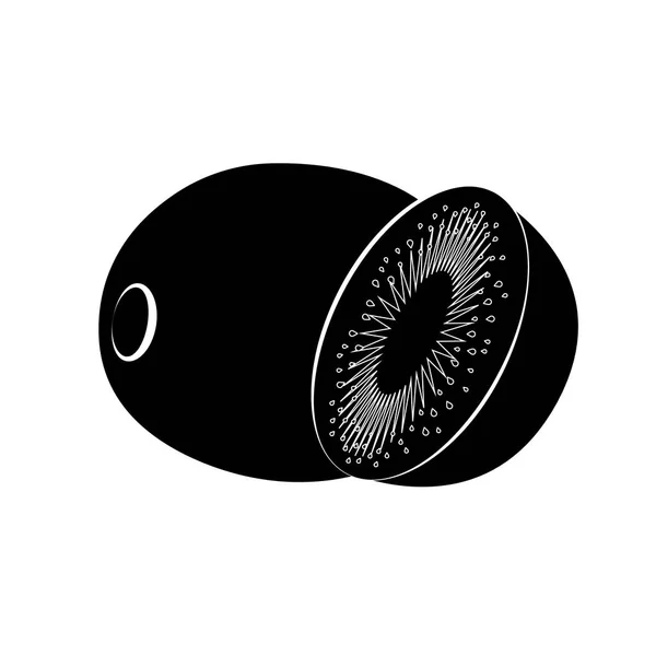Icona piatto kiwi e fetta di kiwi. Nero con ictus bianco. Silhouette Kiwi. Vettore — Vettoriale Stock