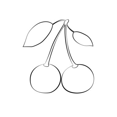 Beyaz kiraz siluet ve yaprakları siyah kontur ile. Düz tasarım. Vektör