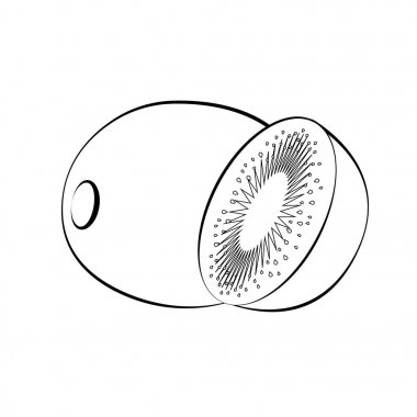 Düz simgesi kivi ve dilim kivi. Beyaz Siyah kontur ile. Kivi siluet. Vektör