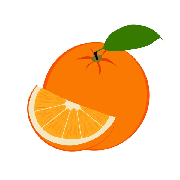 Fruta naranja fresca madura y rebanada con hoja. Ilustración vectorial — Vector de stock