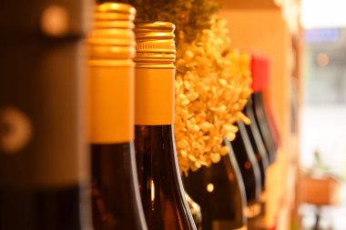 Şarap dükkanındaki ahşap rafta şarap şişeleri