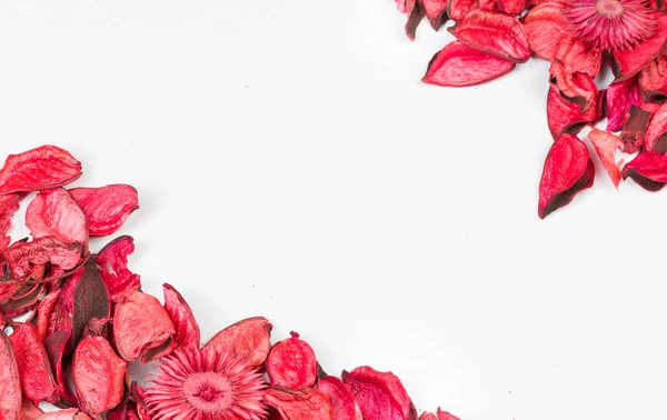 Gül yaprakları üzerinde beyaz arka plan izole. Sevgililer günü pembe çiçekler köşesi için şablon seviyorum. Hiçbir şey Merkezi saf boş mockup içinde.