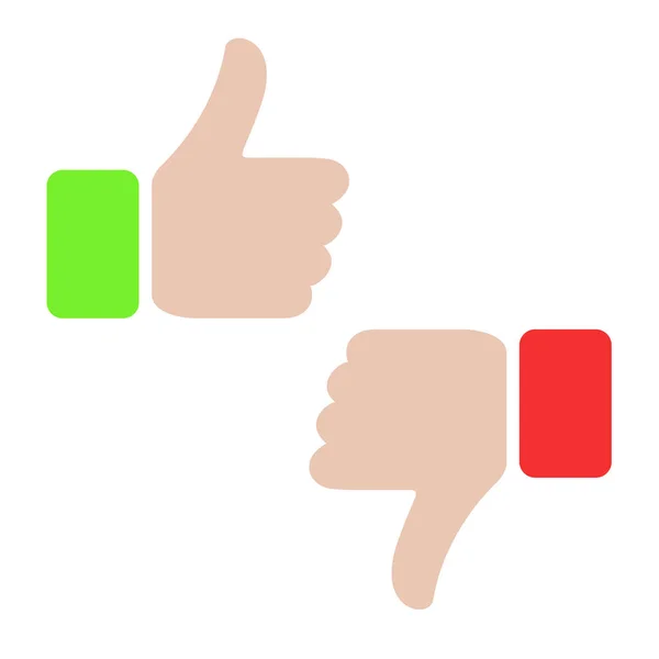 Thumbs up and thumbs down, like and dislike concept. Love, hate, for against, true, false, yes, no. Red and green design. Illustration symbol of hand success or fail. Social icon.
