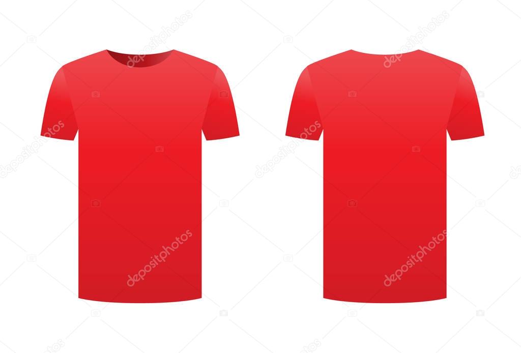 Red t-shirt template shirt isolated on white background front and back design short sleeve. Sport print ready clothing vector. Men, women or unisex design. Advertisement dress. Empty clean template.