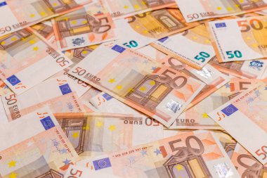 50 euro arka plan desen döşemesi. Euro para birimi banknotlar yığını. Para banka Finans işletme kredisi