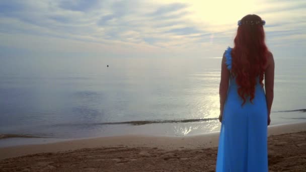 女性が海で夕日を見ています。夕暮れ時のビーチに立っている女性の背面図 — ストック動画