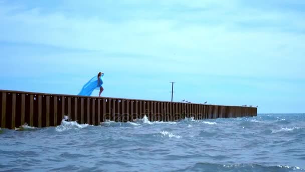 Romantisches Konzept. romantische Frau auf der Seebrücke. Urlaub am Meer. Frau genießt das Leben — Stockvideo
