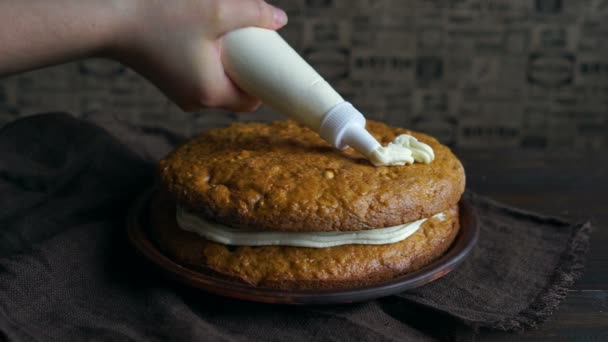 ニンジン ケーキのデコレーション。配管の袋にクリームを注ぐシェフ — ストック動画