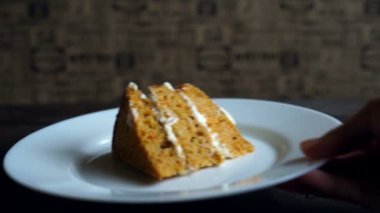 Ev yapımı pasta dilimi. Tatlı pasta dilimlenmiş. Bir parça kek vanilyalı krema ile