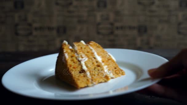 Une part de gâteau maison. Tarte sucrée tranchée. Pièce de tarte à la crème vanille — Video