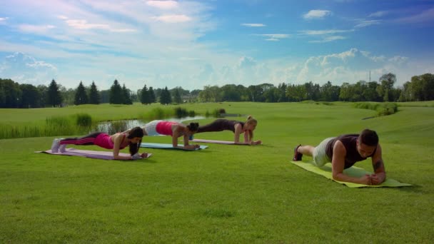 Groep mensen doen plank oefening op groen gras op zonnige dag — Stockvideo