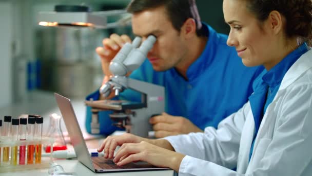 Investigação da equipa de cientistas químicos. Cientista feminina digitando no laptop — Vídeo de Stock