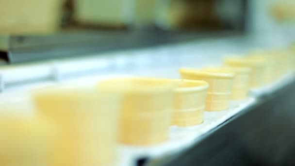 Linha de produção de waffle de sorvete. Fábrica de gelados. Cone de waffle no transportador — Vídeo de Stock