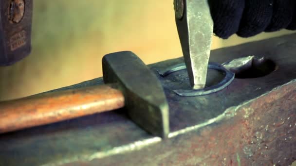 Iron horse horseshoe lie on anvil. Blacksmith making metal horseshoe — Stock Video