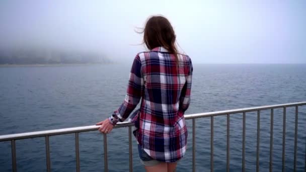 Mujer tranquila mirando hacia el mar. Vista posterior de la mujer mirando en el océano niebla — Vídeo de stock