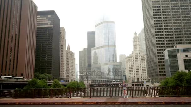 Міський пейзаж. Брюнетка жінку, що стоїть на мосту через річку Чикаго. Чикаго горизонт — стокове відео
