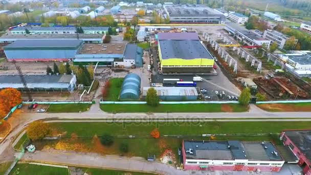 Drone view warehouse area on industrial plant. Industrial buildings sky view — Stock Video