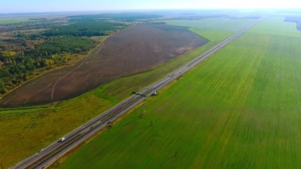 Autos mit Himmelsblick fahren auf der Autobahn an grünen Feldern vorbei. Autoverkehr. Einfahrt für Autos — Stockvideo