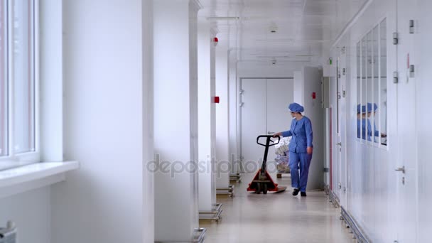 Trabajador de almacén moviendo el elevador vacío de la plataforma en pasillo blanco. Transporte de paletas — Vídeo de stock